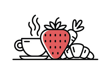 Delicious breakfast vector illustration with coffee cup, fresh apple, blueberries, orange slice, and croissant in flat modern style