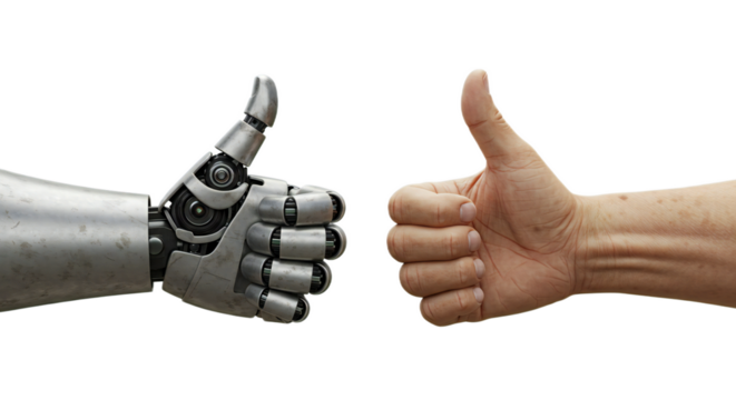 Minimalist 3D of elderly robot & human hands, aged textures in perfect thumbs up symmetry. Isolated on transparent background, png