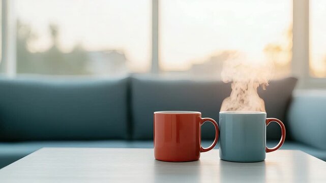 Two steaming mugs of coffee on a wooden table with cozy sofa in the background during a bright morning ambience 4k video footage