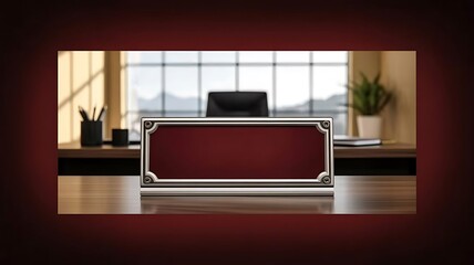Executive desk nameplate with maroon insert silver frame