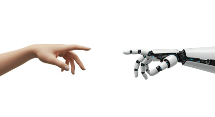 Symmetrical photorealistic female and robot hands, delicate gestures toward an AI emblem in airy white space. Isolated on transparent background, png
