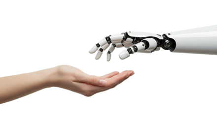 Female hand palm-up, robot hand above, exchanging information in a high-tech, contemplative scene. Isolated on transparent background, png