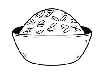 A simple black and white illustration of a bowl filled with cooked rice.