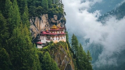 Majestic Tiger' Nest Monastery (Paro Taktsang) perched on a dramatic cliffside amidst misty Himalayan forests in Bhutan, a breathtaking and iconic spiritual landmark.