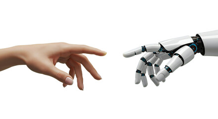 Close-up of female and robot fingertips almost meeting, illuminated AI symbol between them in white. Isolated on transparent background, png