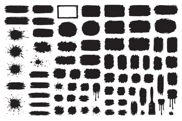 Black Brush Stroke and Ink Shape Collection | Grunge Texture, Paint Splatter, and Abstract Design Elements Set, Grunge Speech Bubble Frames Set | Hand Drawn Text Boxes and Brush Rectangle Labels.