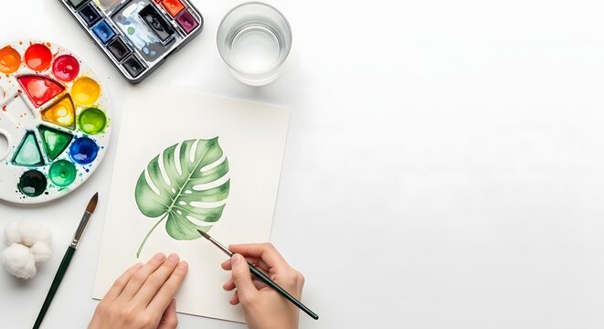 Top view flat lay of an artist's hands painting a green monstera leaf with watercolors on a clean white desk with various art supplies - Powered by Adobe
