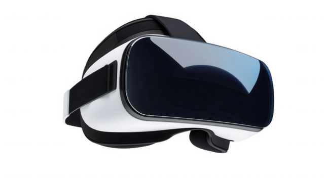 Close up of a white and black virtual reality headset on black background on transparent background
