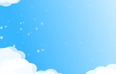 Blue sky background with white fluffy clouds and sparkling light effect 
