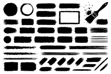Black Brush Stroke and Ink Shape Collection | Grunge Texture, Paint Splatter, and Abstract Design Elements Set, Grunge Speech Bubble Frames Set | Hand Drawn Text Boxes and Brush Rectangle Labels.