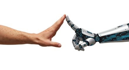 Freckled human hand meets circuitry-illuminated AI hand in high five, color contrast, radiating optimism. Isolated on transparent background, png