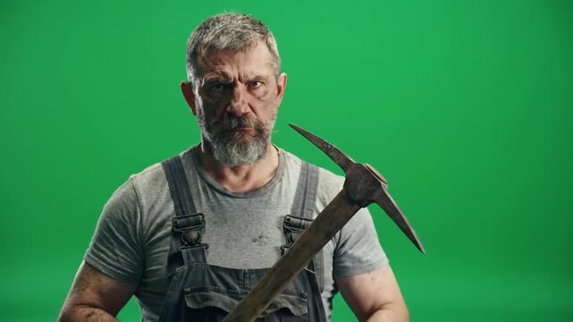 Bearded miner in overalls holds a pickaxe against a green screen