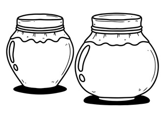Two cartoon jars filled with liquid, depicted in a black and white line drawing style, casting shadows.