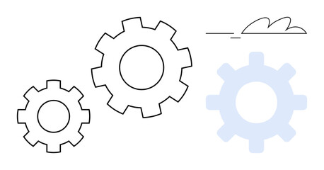 Three gears interconnecting with abstract cloud, symbolizing cooperation, process, innovation. Ideal for industrial progress, teamwork, technology integration, business workflow, problem-solving