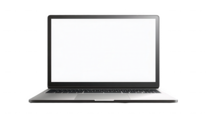 Silver laptop with a blank white screen on a black background view on transparent background