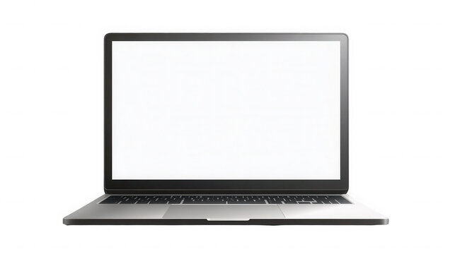 Silver laptop with a blank white screen on a black background view on transparent background