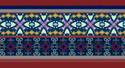 Vibrant Thai/Ethnic fabric border in navy blue and burgundy. Seamless Bohemian, Ikat, Retro floral and heart pattern. Great for textile, wallpaper, fashion, digital background.
