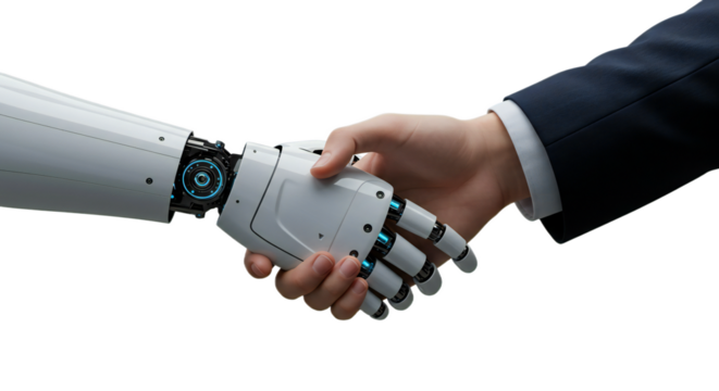Close-up handshake viewed from above, robot with translucent fingers, neat business cuff, serene and modern minimalist style, isolated on transparent background, png