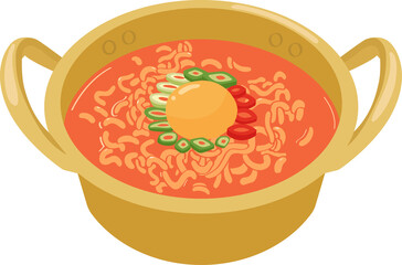 Korean Ramyeon - Spicy Instant Noodles with Egg in Golden Pot