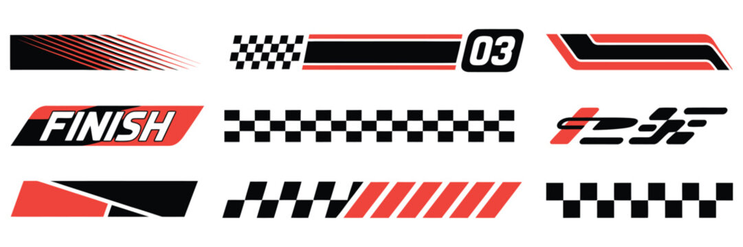 Motorsport racing vector collection featuring cars race stripes checkered flags dynamic lines tuning stickers sport decals and motocross labels ideal for automotive projects