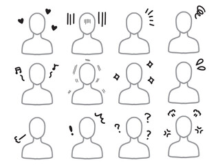 いろんな感情の人物のシルエットのセット(上半身)