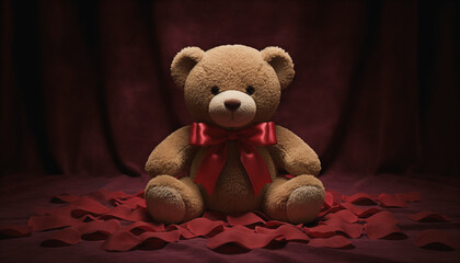 Teddy bear with red ribbon sitting on rose petals for Valentine's Day  