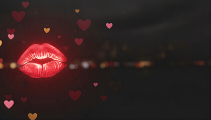 Glowing lipstick imprint with heart shapes floating in dark background for Valentine's Day, space for text
  