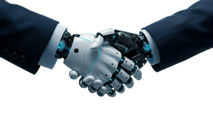 Detailed handshake: white robot hand with blue glow, veined human hand. Isolated on transparent background, png