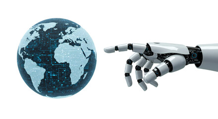 Centered, high-definition photorealistic shot of a male robot hand gently touching a rotating, luminous digital globe, isolated on transparent background, png