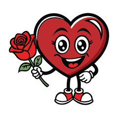 Cute Heart Mascot with Rose Romantic Vector Art