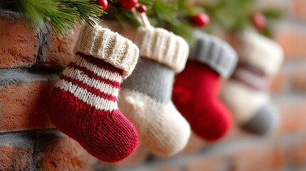 Christmas stockings hanging against a festive backdrop decorated with delicate snowflakes for a cozy holiday feel.