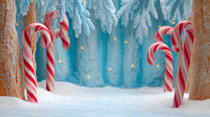 Winter wonderland Christmas backdrop with candy canes and magical decorations, perfect for a festive holiday celebration.