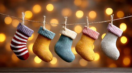 Stockings hung by the warm glow of holiday lights in a cozy Christmas backdrop, creating a festive and heartwarming holiday atmosphere.