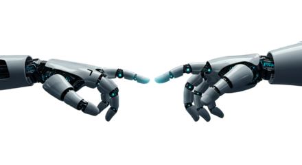 Photorealistic scene from low angle: human and robot hands nearly touching, circuit motif converging at fingertips, cyan glows. Isolated on transparent background, png
