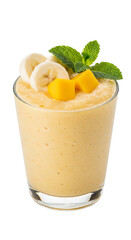 Mix banana and mango juice, white background isolated