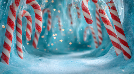 Winter wonderland Christmas backdrop with candy canes and magical decorations, perfect for a festive holiday celebration.