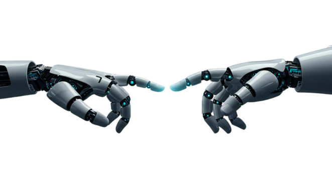 Photorealistic scene from low angle: human and robot hands nearly touching, circuit motif converging at fingertips, cyan glows. Isolated on transparent background, png
