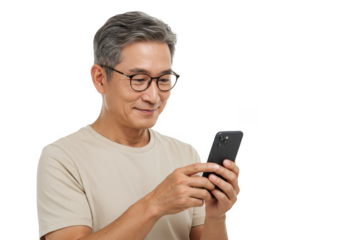 Asian man with glasses using smartphone isolated on transparent background