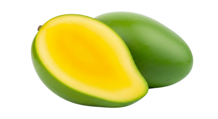 Two fresh, green mangoes, one of which is perfectly cut in half lengthwise to reveal its vibrant interior, isolated against a pure white background