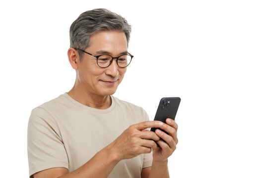 Asian man with glasses using smartphone isolated on transparent background