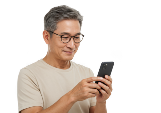 Asian man with glasses using smartphone isolated on transparent background