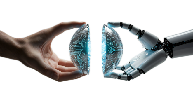 Human and Robotic Hands Hold Illuminated Transparent Circuit Sphere, Collective Innovation at Core, Isolated on transparent background, png