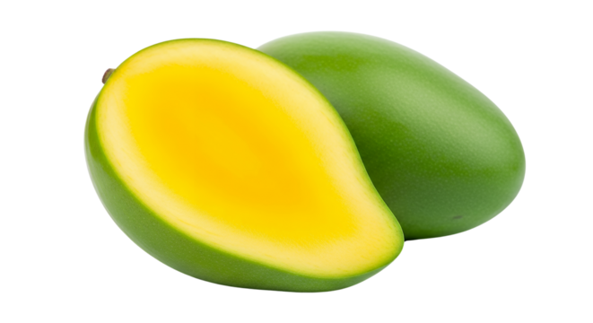 Two fresh, green mangoes, one of which is perfectly cut in half lengthwise to reveal its vibrant interior, isolated against a pure white background