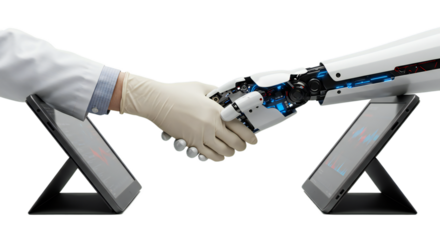 Conceptual handshake: medical professional’s gloved hand and precision-engineered AI hand emerge from advanced tablets, blue/red pulsating data lines. Isolated on transparent background, png