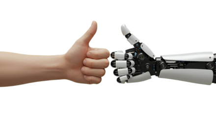 Minimalist 3D thumb war: human and robotic hands locked in play against vast white space. Isolated on transparent background, png