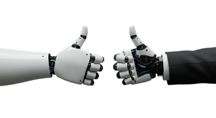 Minimalist photorealistic: robot and human hands thumbs lightly touching, symbol of connection. Isolated on transparent background, png
