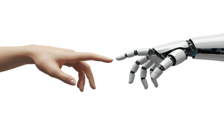 Minimalist close-up of female and robot hand, fingertips nearly meeting in a serene composition. Isolated on transparent background, png