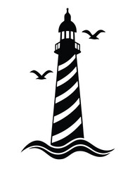 Silhouette of a lighthouse with seagulls