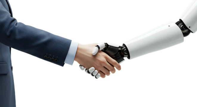 Minimalist handshake between businessperson and white robot arm. Isolated on transparent background, png