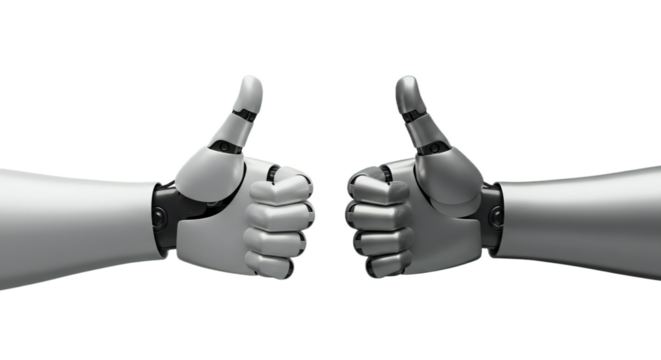 Minimalistic 3D: human and robot hands, human painted silver; parallel thumbs up, sharp textures. Isolated on transparent background, png